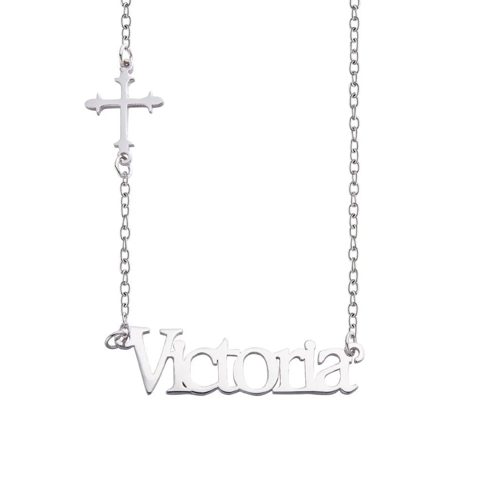 Custom Name Necklace with Sideways Cross – United Bracelets