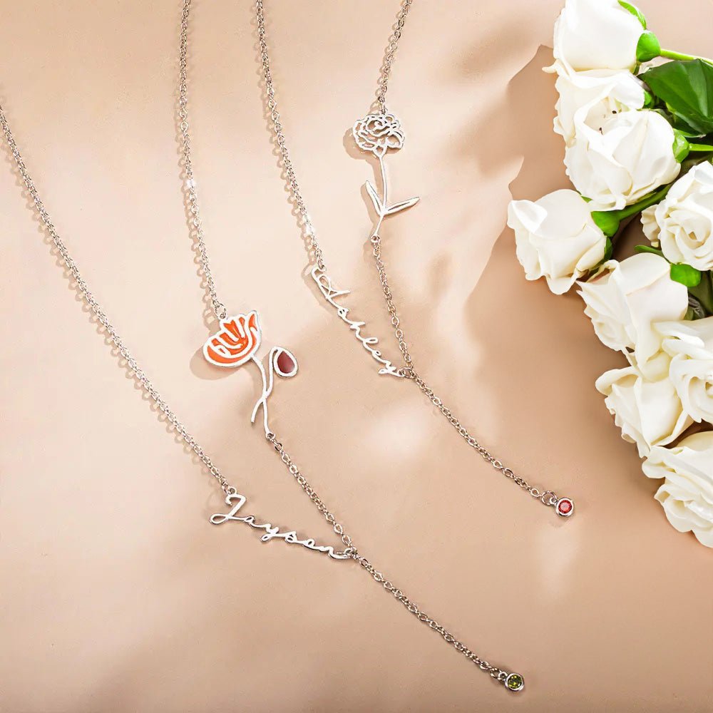 Dainty Y Shaped Birth Flower Necklace with Custom Name & Birthstone - United Bracelets