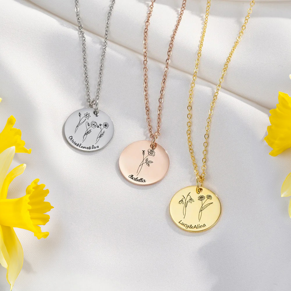 Birth Flower Pendant Necklace with 1 to 3 Names