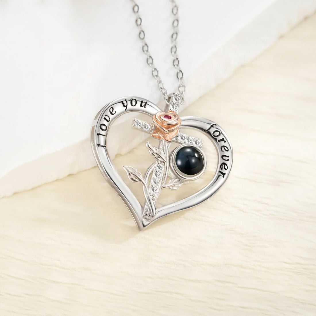 Heart Projection Necklace with Two Tone Rose &amp; Cross