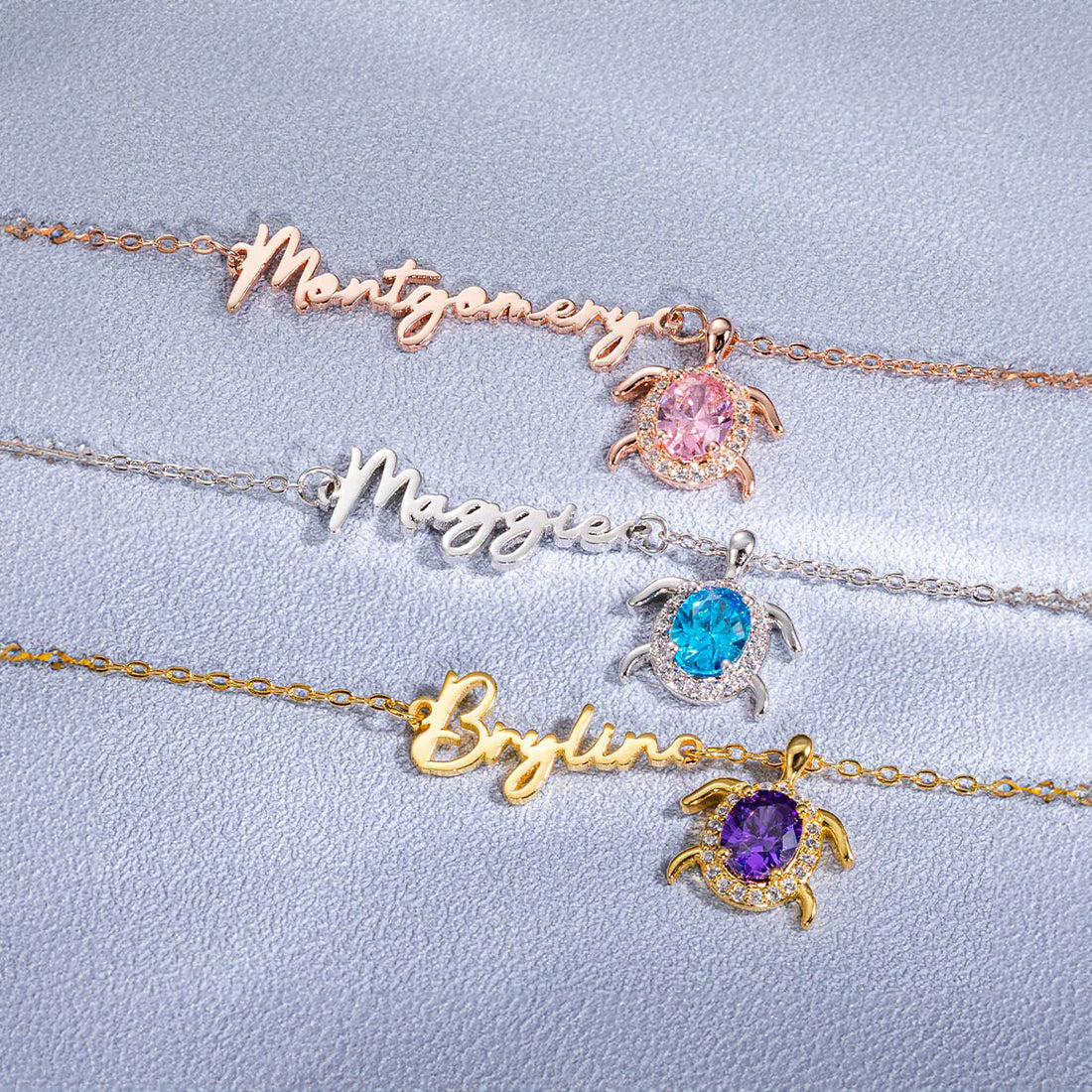 Name Necklace with Birthstone Turtle