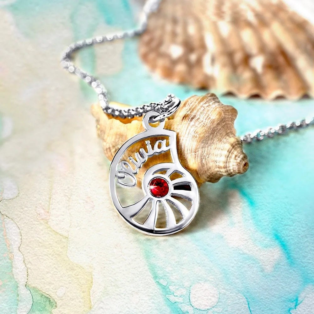Conch Shell Necklace with Personalised Name &amp; Birthstone