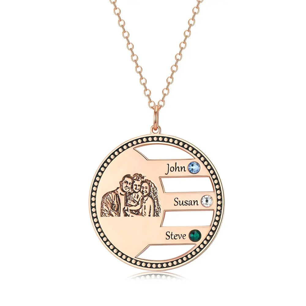 Engraved Family Portrait Necklace with Birthstones