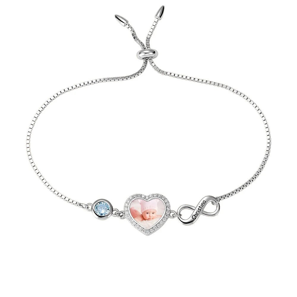 Photo Heart Bracelet with Custom Birthstone &amp; Infinity Charm