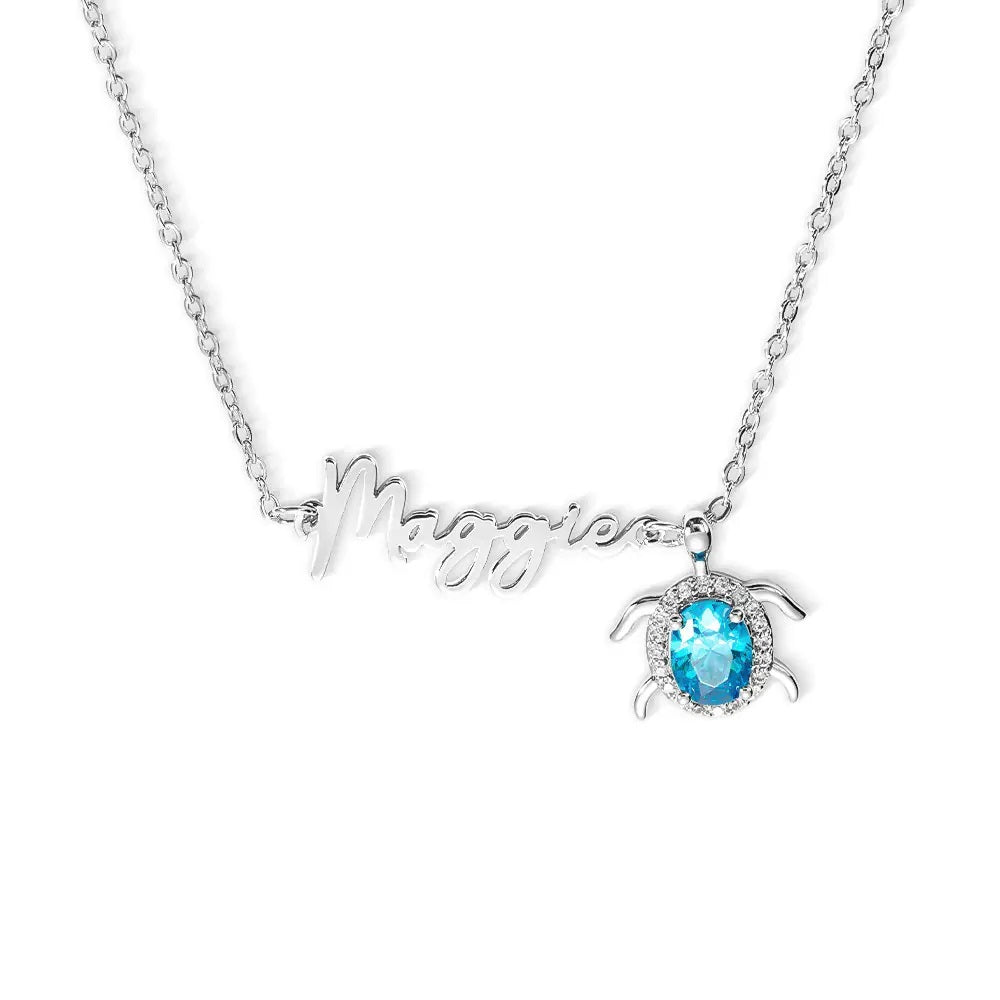 Name Necklace with Birthstone Turtle