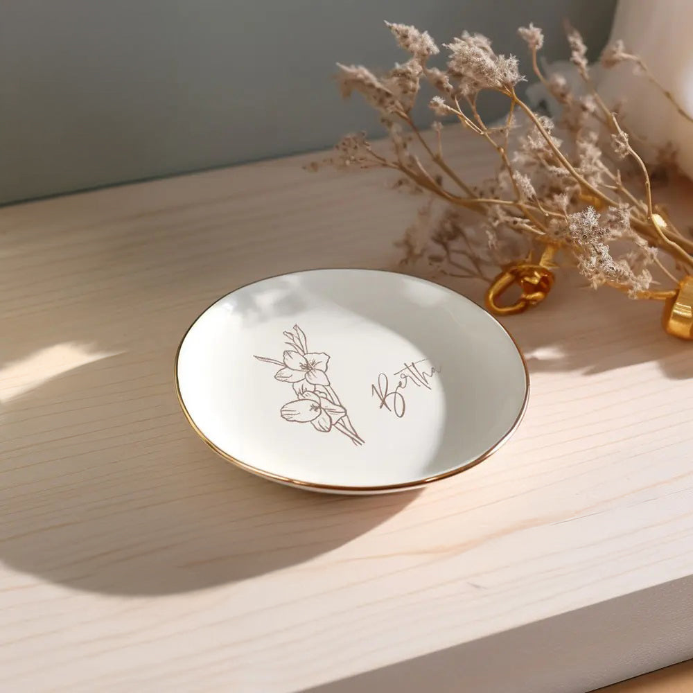 Ceramic Jewellery Dish with Custom Birth Flower &amp; Name