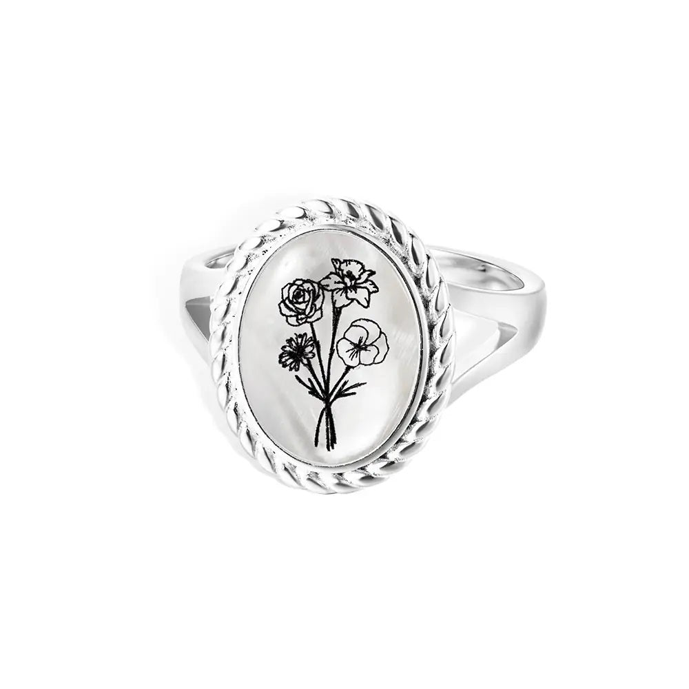 Birth Flower Signet Ring with Mother of Pearl