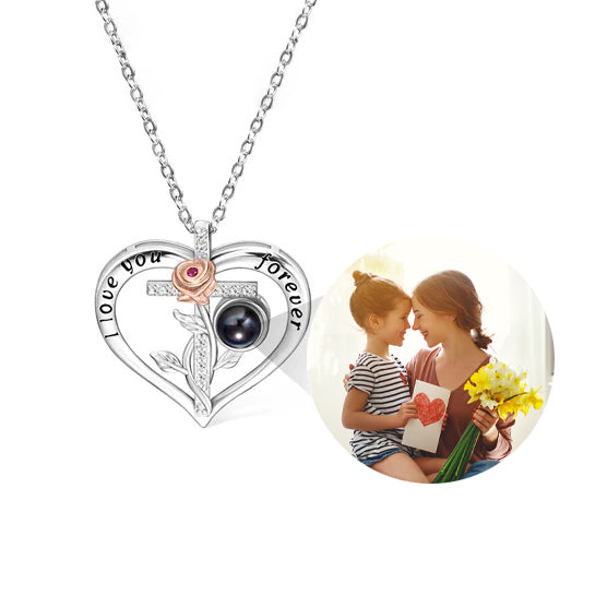 Heart Projection Necklace with Two Tone Rose &amp; Cross