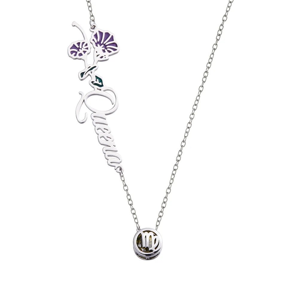 Birth Flower Name Necklace with Zodiac Sign - United Bracelets