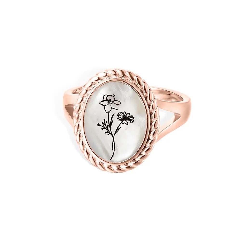 Birth Flower Signet Ring with Mother of Pearl - United Bracelets