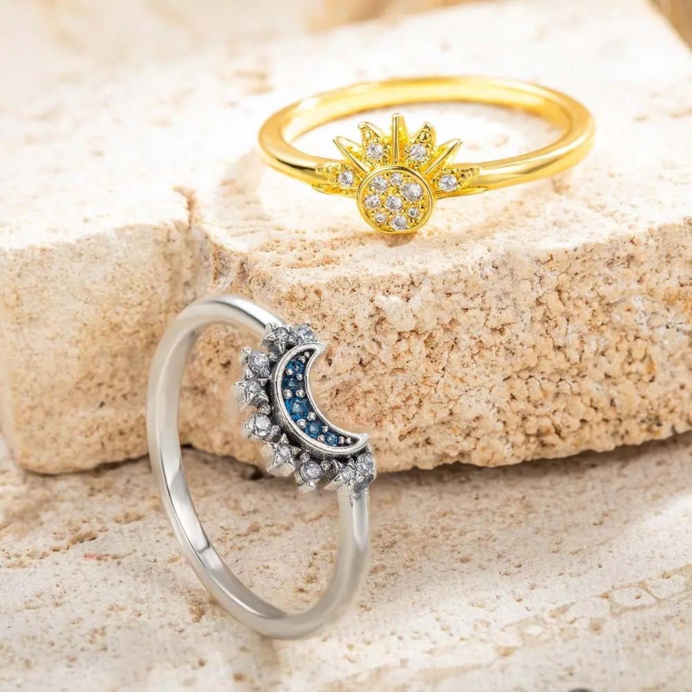 Celestial Sun &amp; Moon Ring Set in Sterling Silver &amp; Gold - United Bracelets