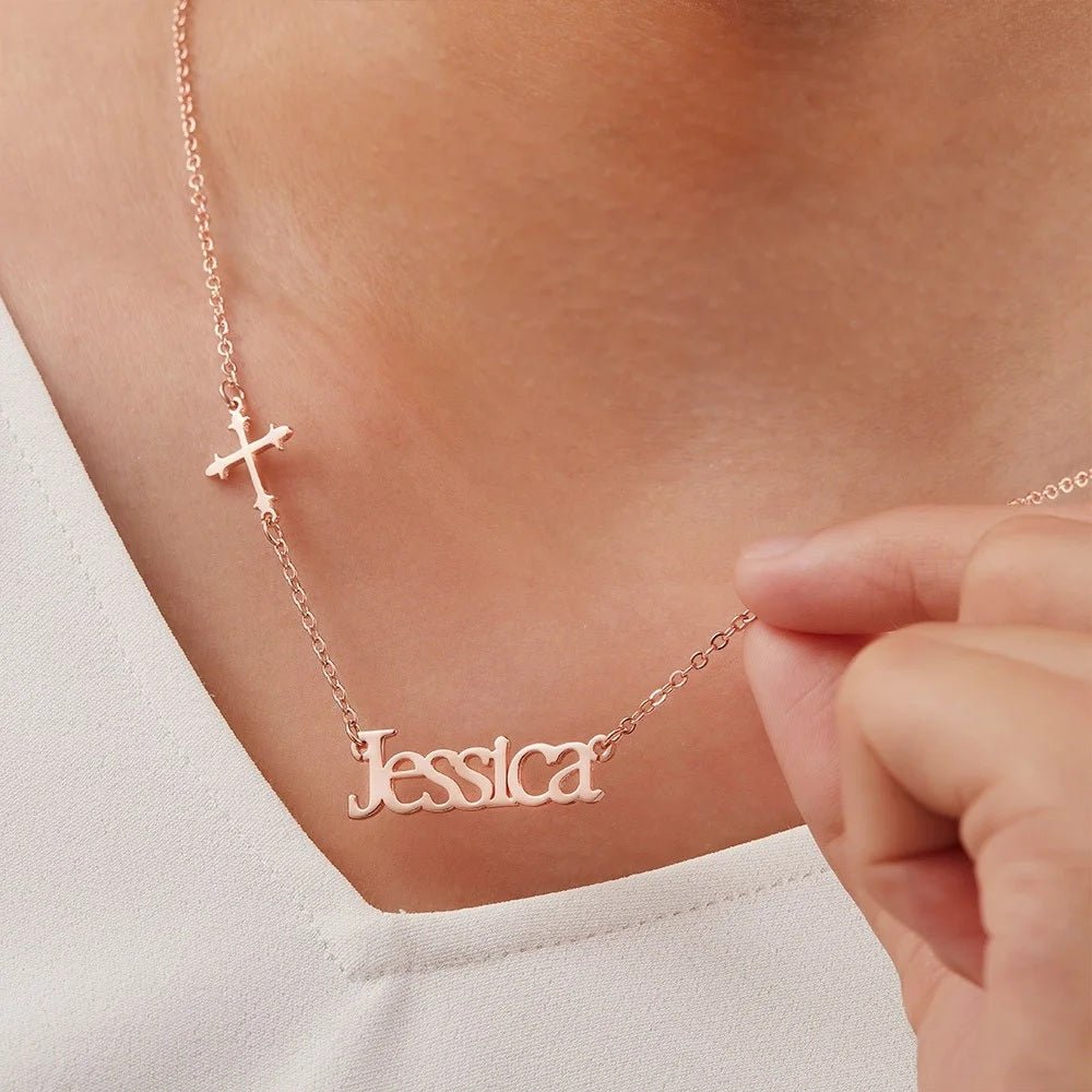 Custom Name Necklace with Sideways Cross - United Bracelets