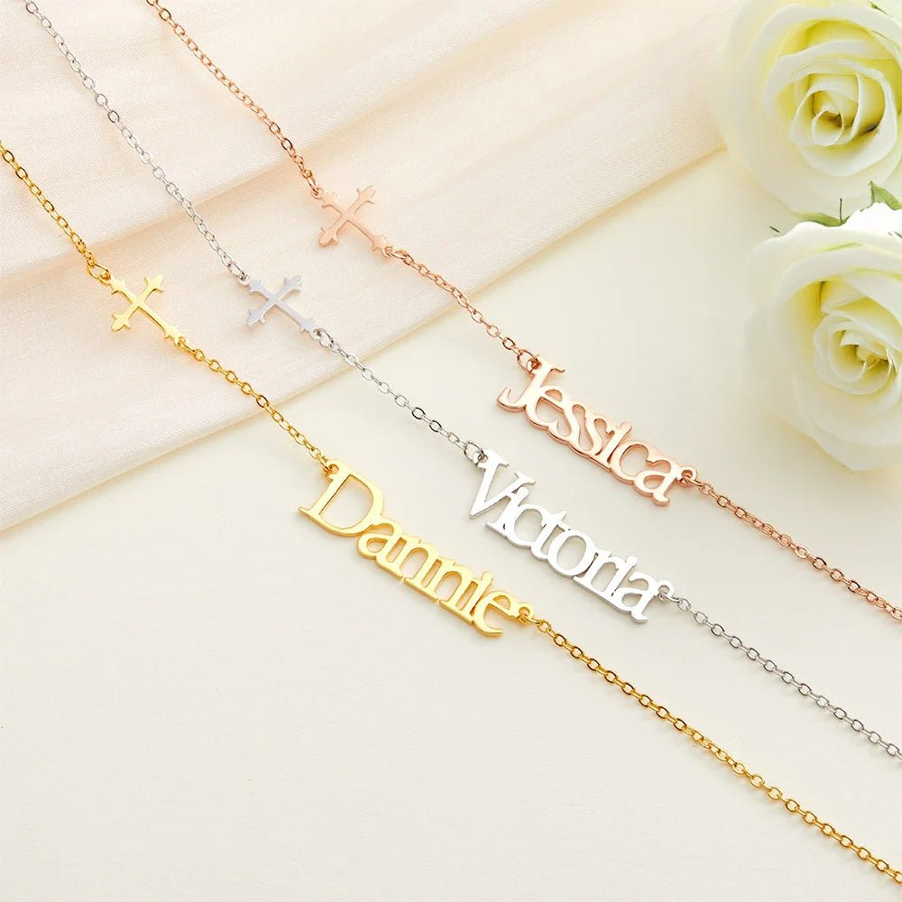 Custom Name Necklace with Sideways Cross - United Bracelets