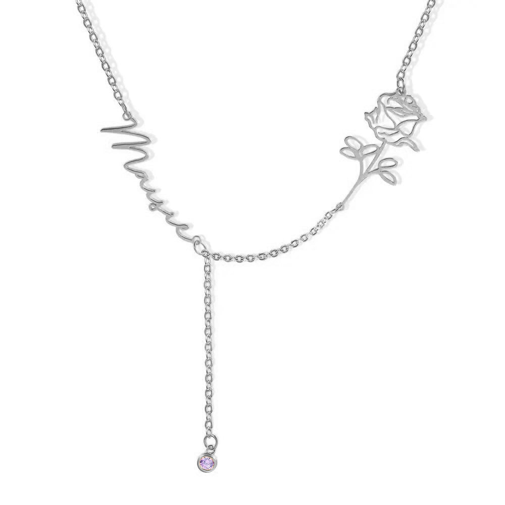 Dainty Y Shaped Birth Flower Necklace with Custom Name &amp; Birthstone - United Bracelets