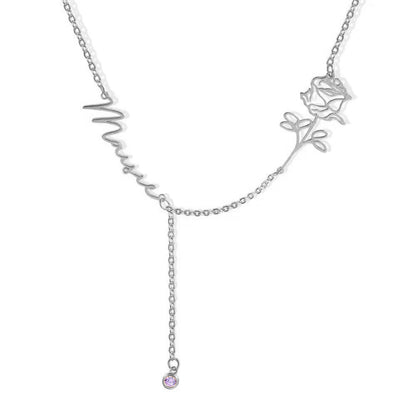 Dainty Y Shaped Birth Flower Necklace with Custom Name &amp; Birthstone - United Bracelets