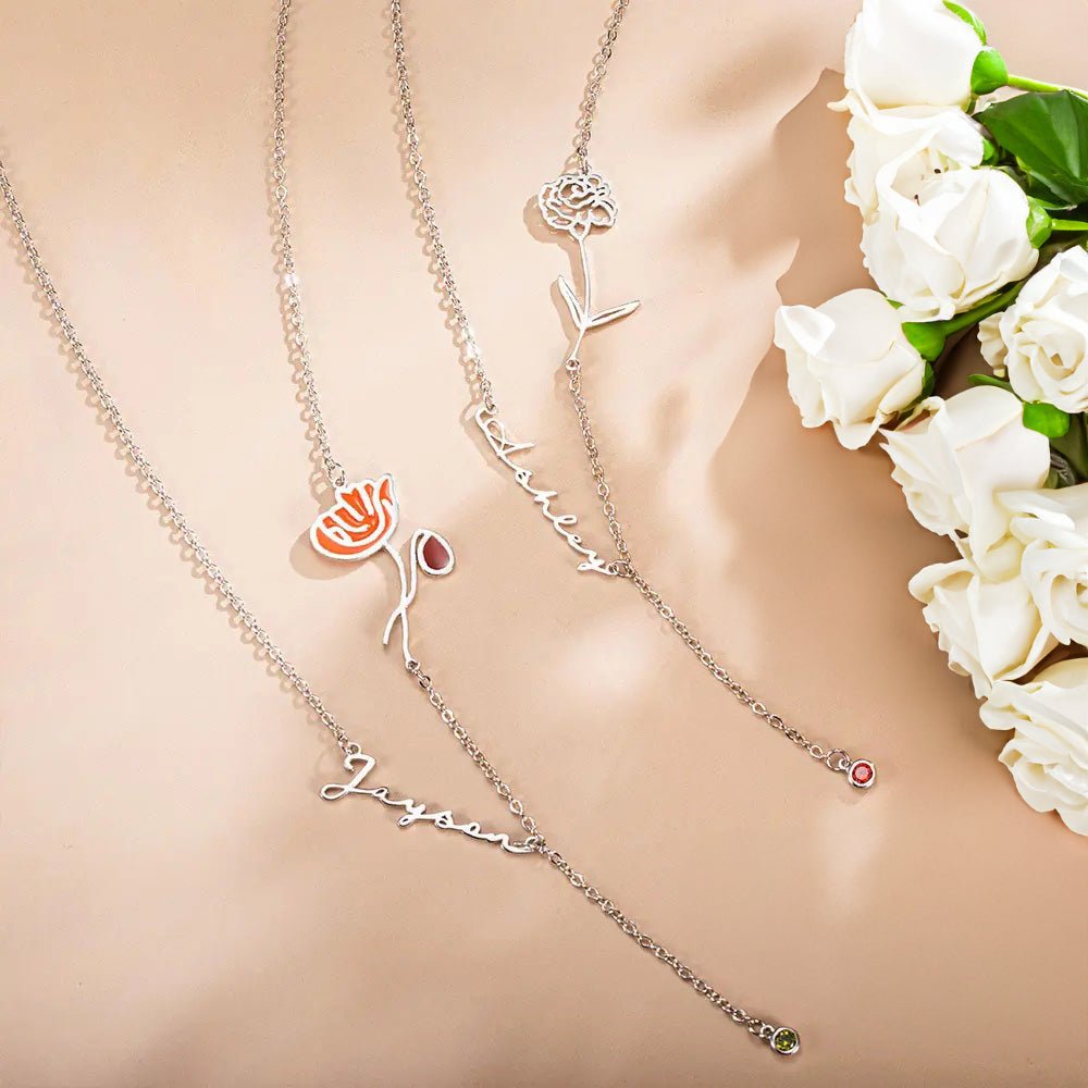 Dainty Y Shaped Birth Flower Necklace with Custom Name &amp; Birthstone - United Bracelets