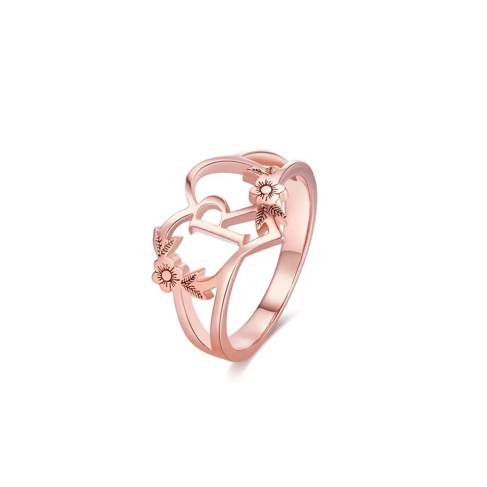 Heart Shaped Initial Ring with Dainty Flower Design - United Bracelets