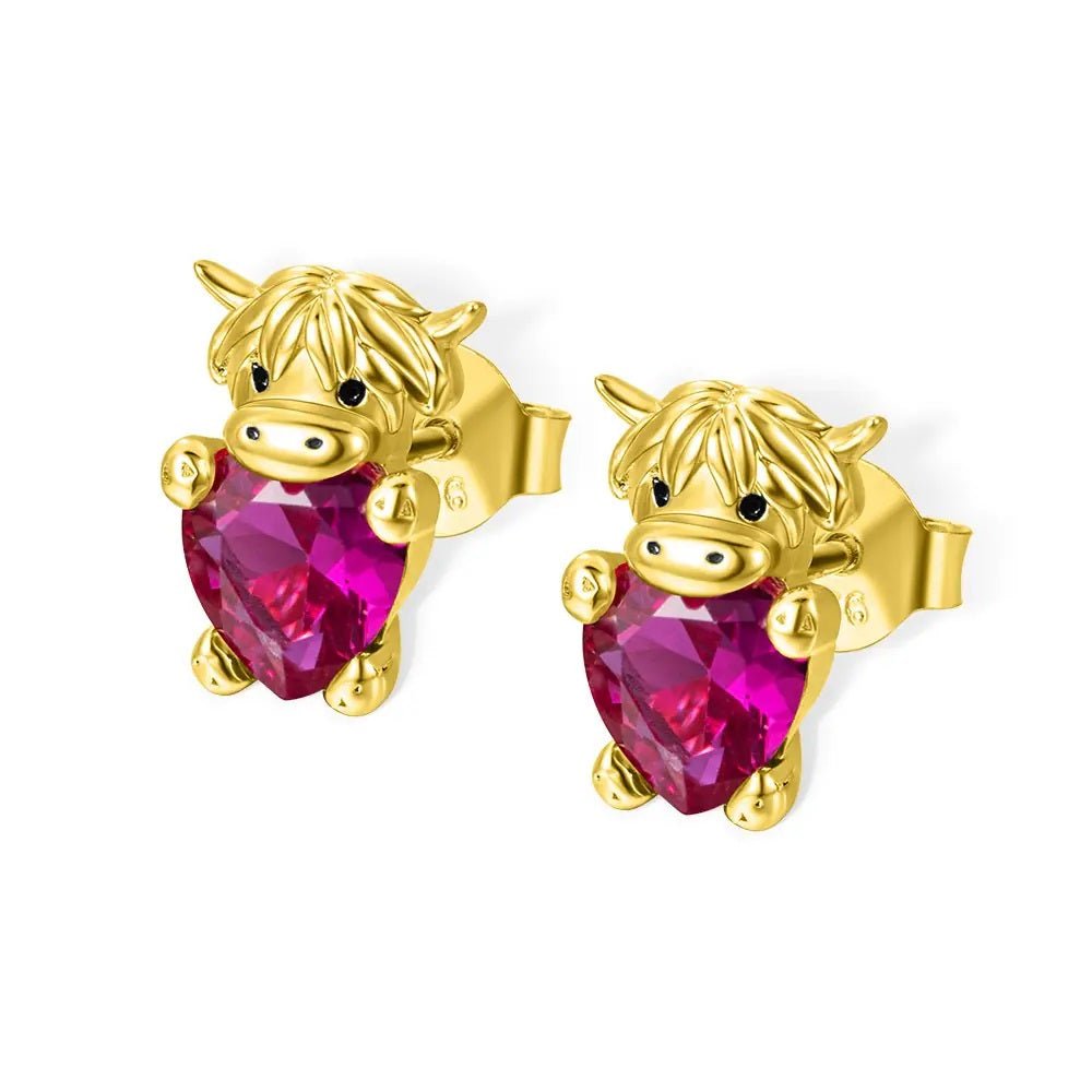 Highland Cow Birthstone Stud Earrings - United Bracelets