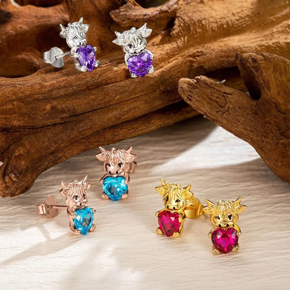 Highland Cow Birthstone Stud Earrings - United Bracelets