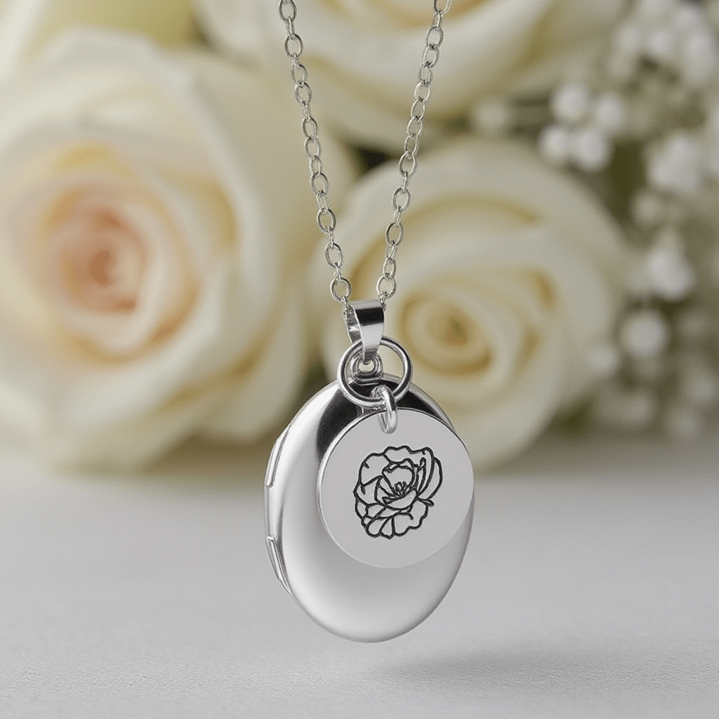 Oval Photo Locket with Personalised Birth Flower