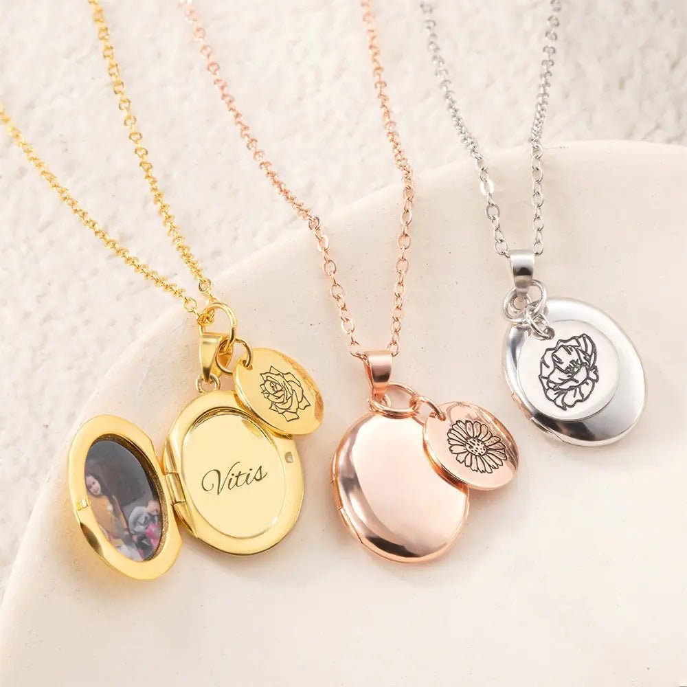 Oval Photo Locket with Personalised Birth Flower – United Bracelets