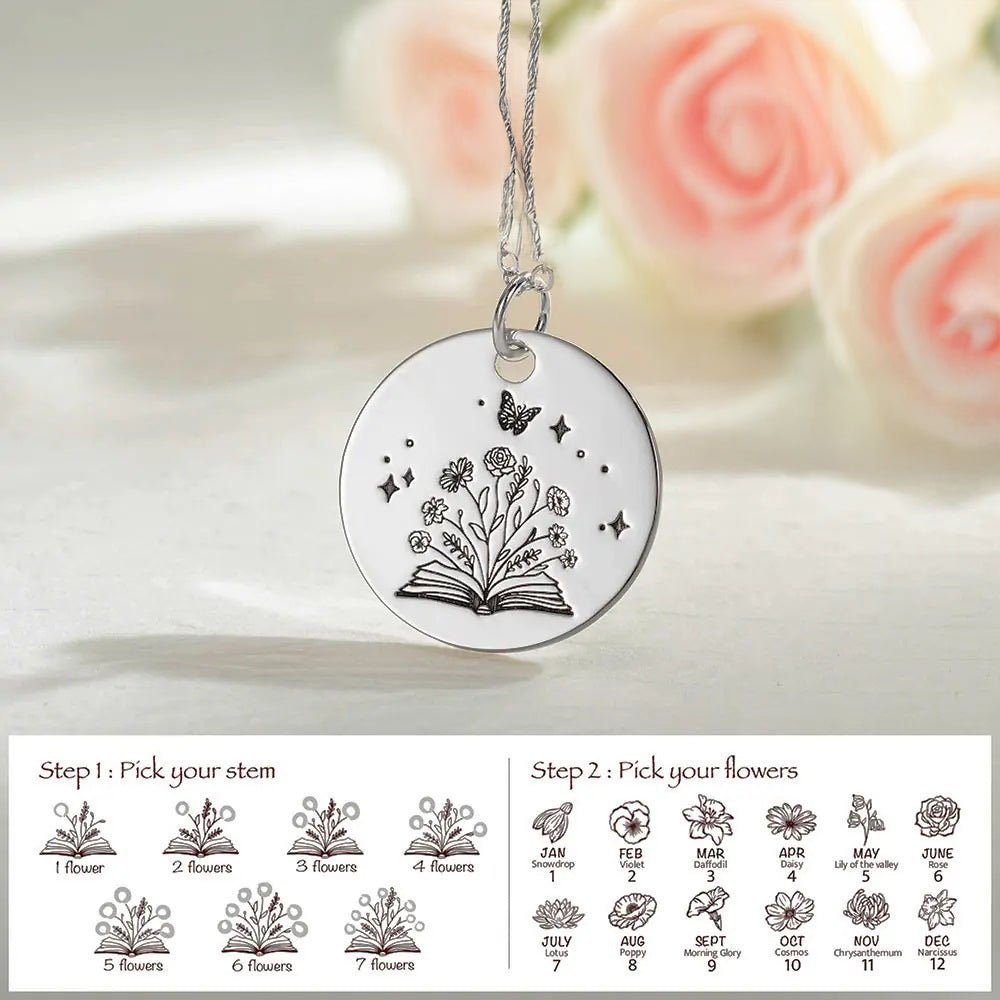 Personalised Book of Birth Flowers Disc Necklace - United Bracelets