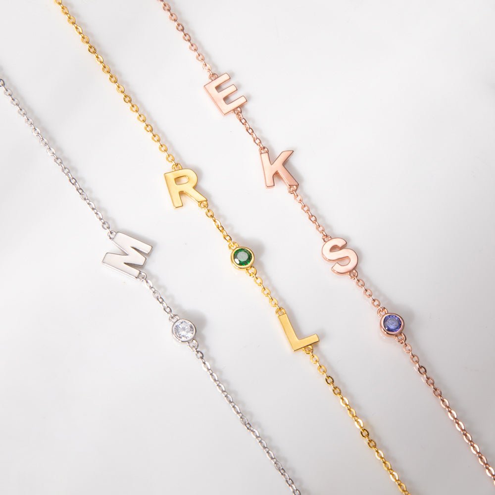 Sideways Initial Birthstone Name Bracelet - United Bracelets