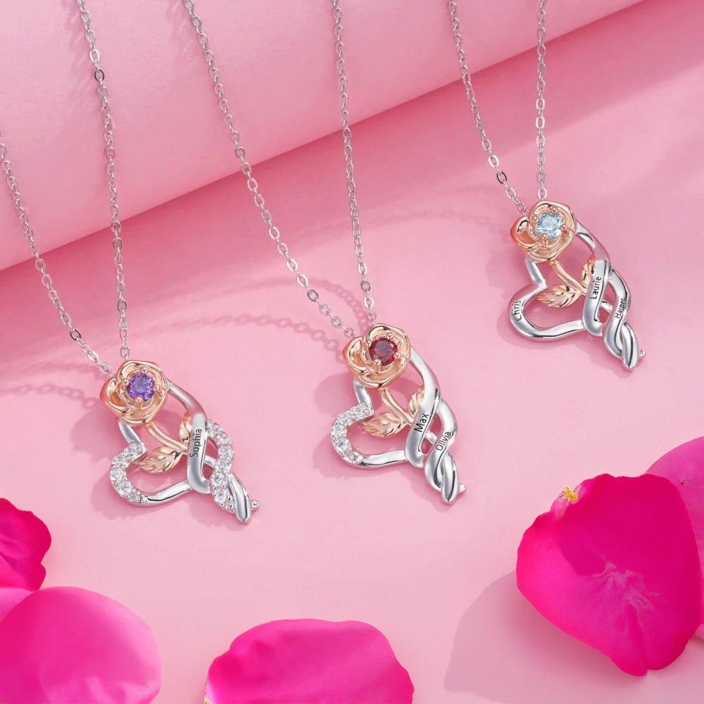 Two Tone Birthstone Rose Necklace with to Names – United Bracelets